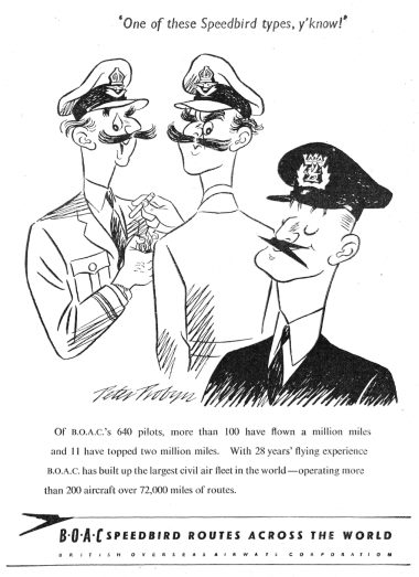 Classic BOAC advert from 1947 featuing a cartoon emphasising the experience of thier pilots.